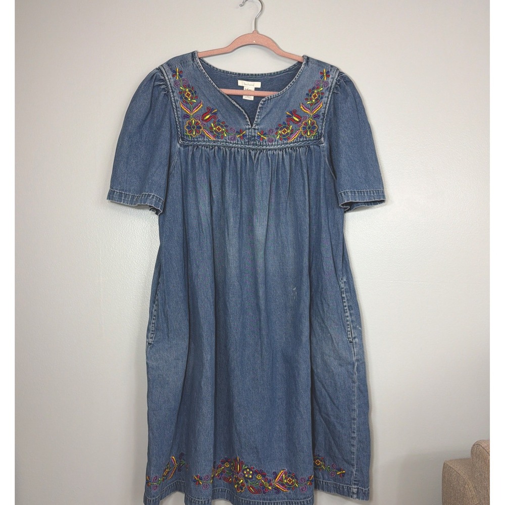 Modest Prairie Boho Denim Embroidered Maxi Dress Vintage Large Bechamel